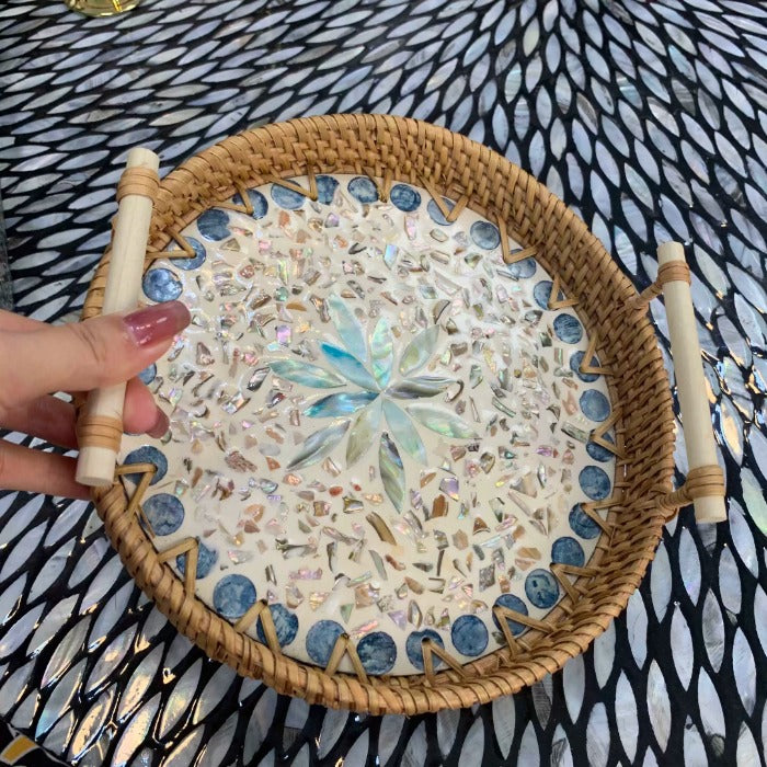 Handmade Rattan Shell Serving Tray - Blue Lotus Design