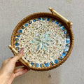 Handmade Rattan Shell Serving Tray - Blue Lotus Design