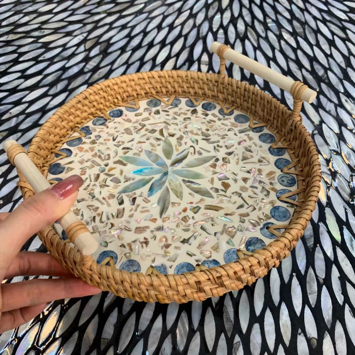 Handmade Rattan Shell Serving Tray - Blue Lotus Design