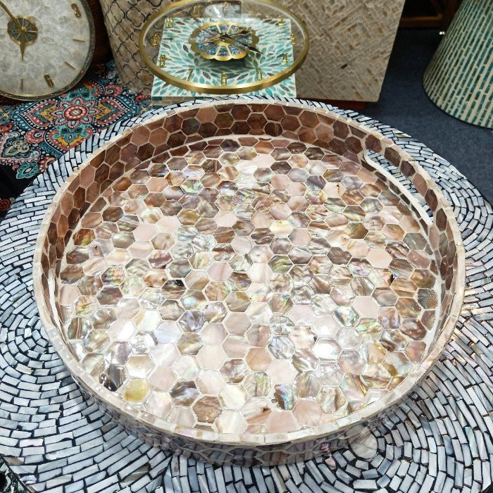Natural Shell Tea Tray - Coffee Color Round Serving Plate