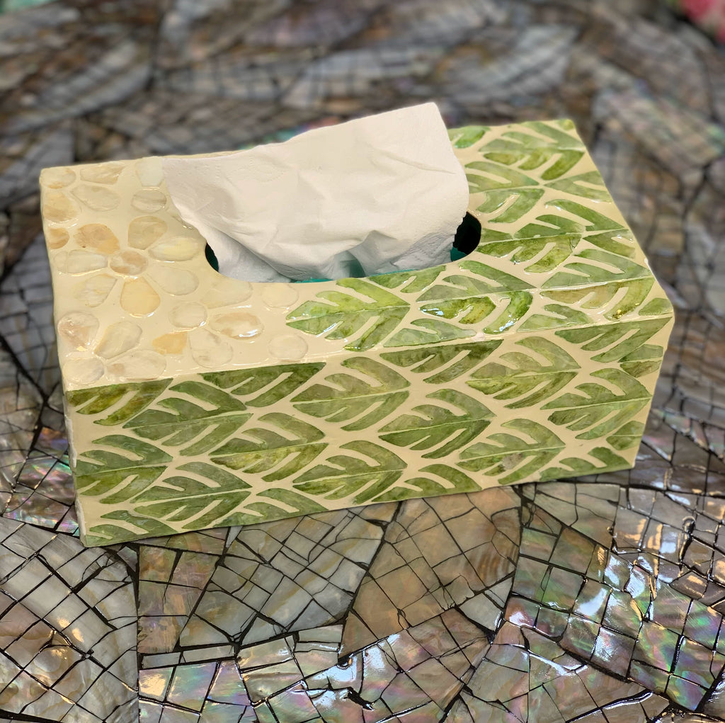 Handcrafted Shell Inlay Tissue Box - Green Leaf Pattern