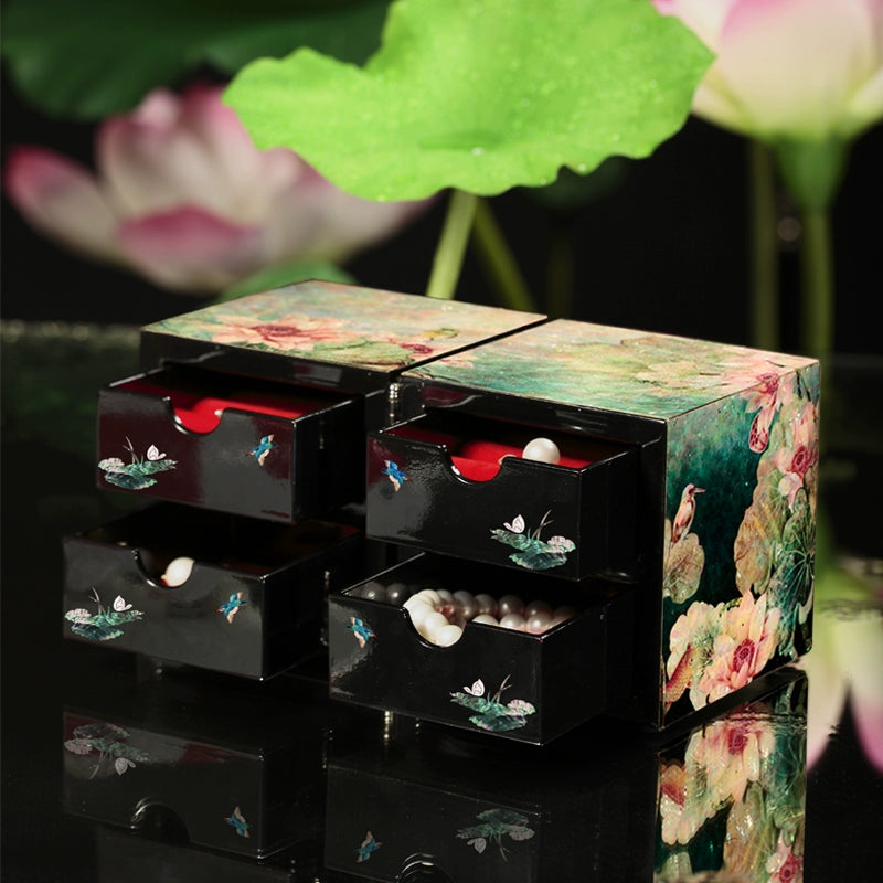 Chinese intangible cultural heritage handmade snail lacquer wood jewelry box, earrings necklace jewelry storage box