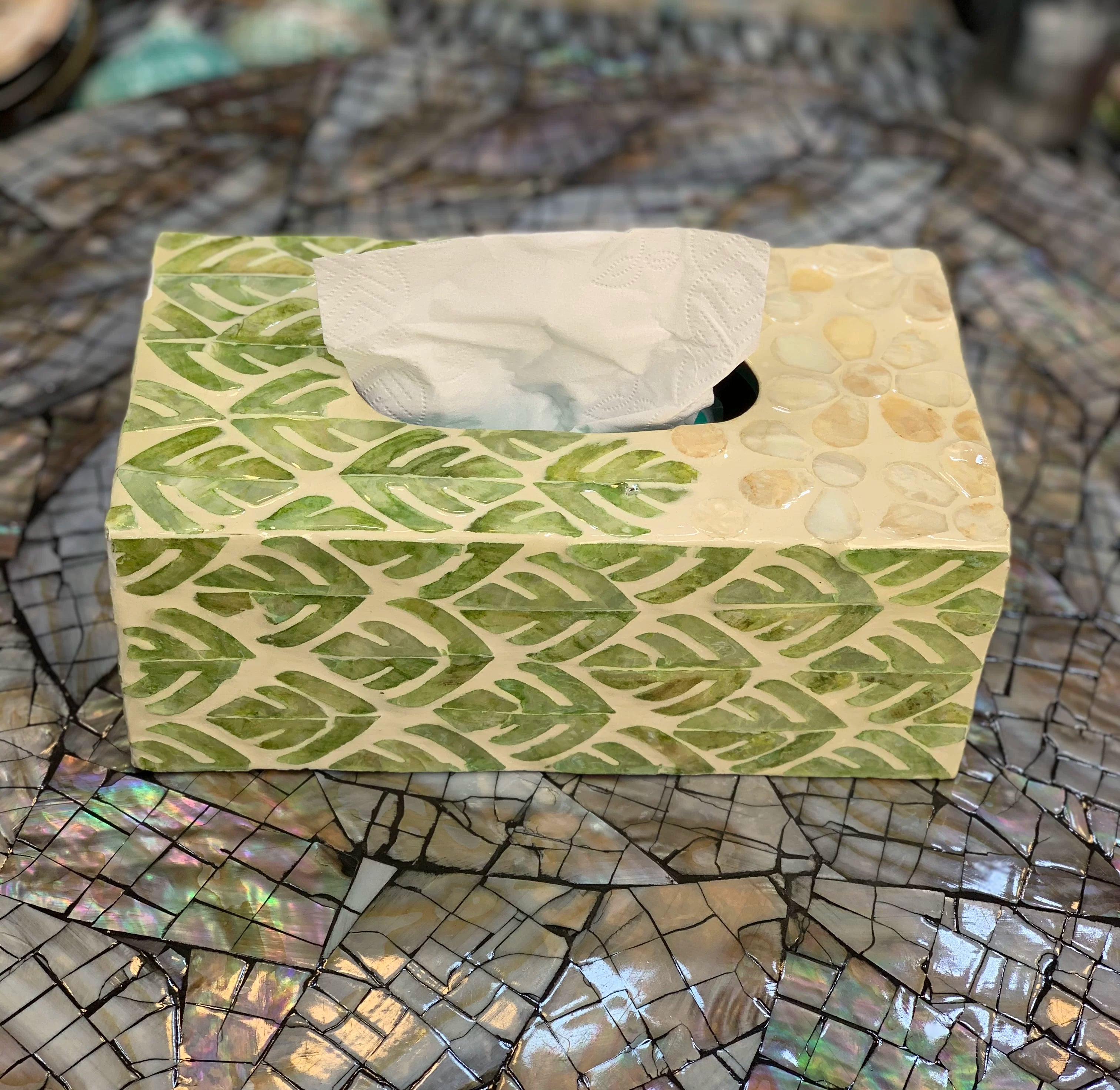 Handcrafted Shell Inlay Tissue Box - Green Leaf Pattern