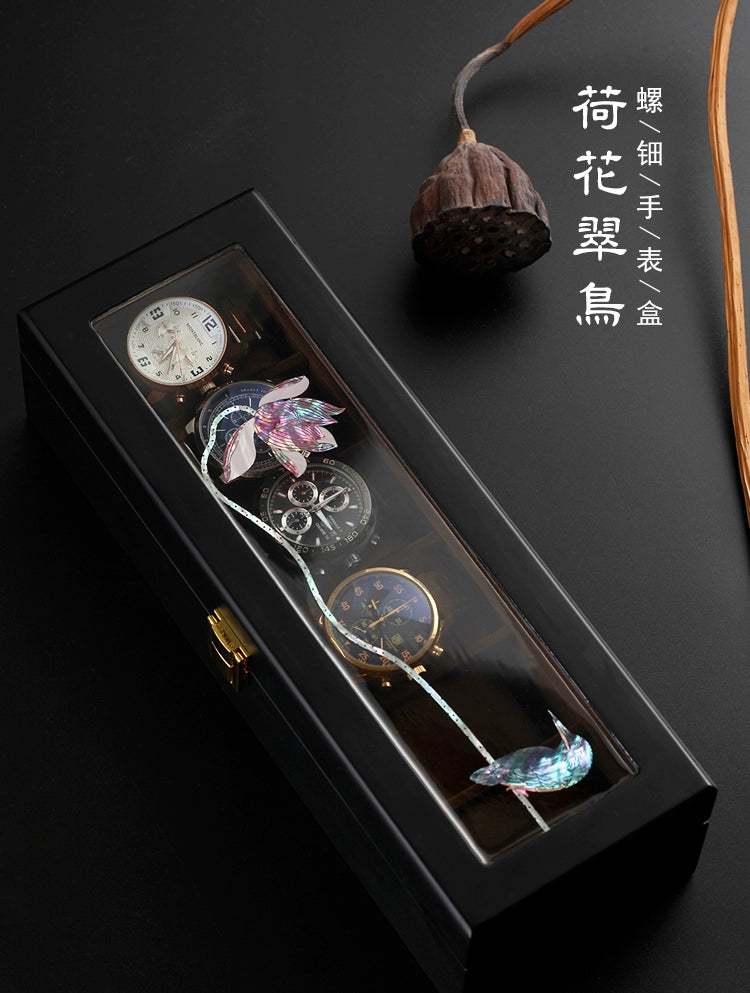 Wooden Watch Display Box - Glass Cover Storage Organizer