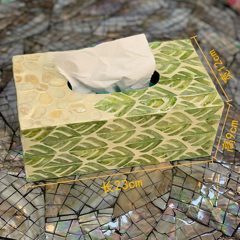 Handcrafted Shell Inlay Tissue Box - Green Leaf Pattern