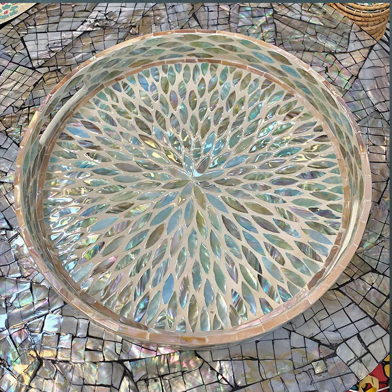 Luxury Round Shell Serving Tray - Water Blue Design
