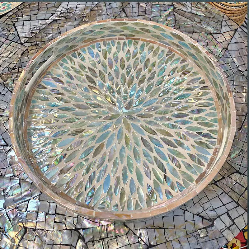 Luxury Round Shell Serving Tray - Water Blue Design