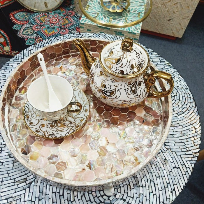 Natural Shell Tea Tray - Coffee Color Round Serving Plate