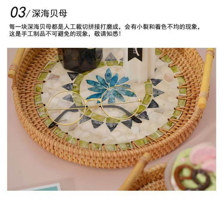 Handmade Rattan Shell Serving Tray - Blue Lotus Design