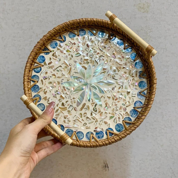 Handmade Rattan Shell Serving Tray - Blue Lotus Design