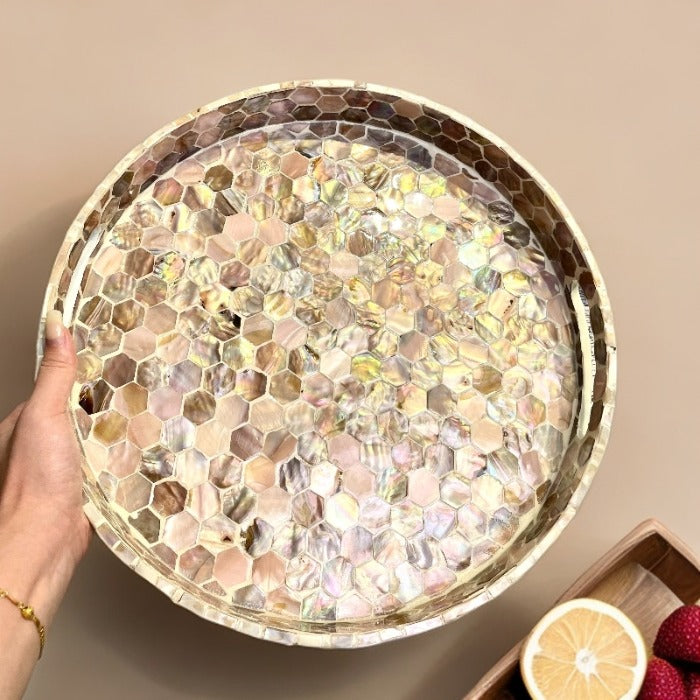 Natural Shell Tea Tray - Coffee Color Round Serving Plate