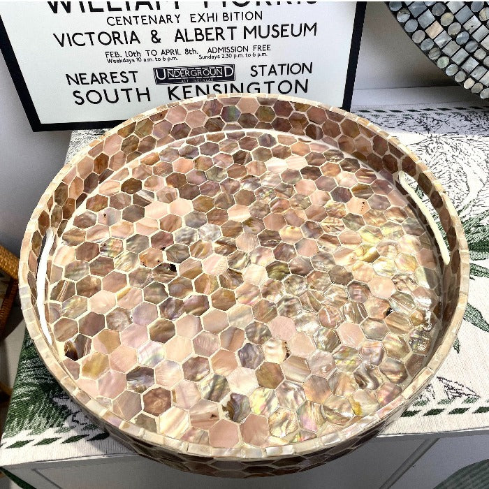 Natural Shell Tea Tray - Coffee Color Round Serving Plate